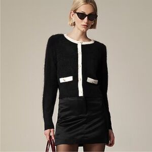 J crew Brushed cashmere fitted cardigan with contrast trim in black/ivory sz XS